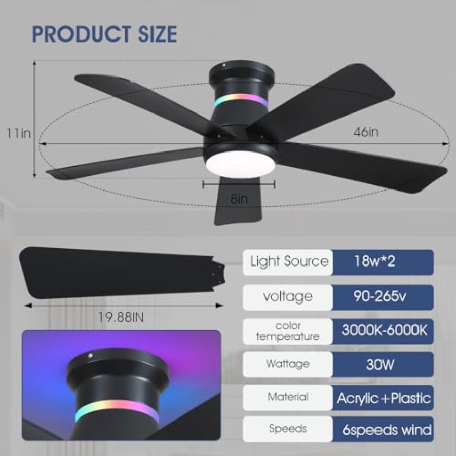 46 Black Ceiling Fans with RGB - مراجعة Ceiling Fan Mount وسعره
